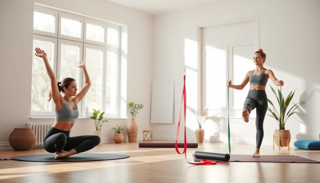 A bright, airy home gym setting with natural lighting filtering in from large windows. In the foreground, two people perform low-impact cardio exercises - one person does seated leg raises, the other does standing side steps. In the middle ground, a yoga mat and resistance bands are neatly arranged. The background features simple, minimalist decor with potted plants and a serene, calming atmosphere. The lighting is soft and diffused, creating a warm, inviting ambiance. The overall scene conveys the idea of accessible, beginner-friendly cardio options that can be easily done at home.