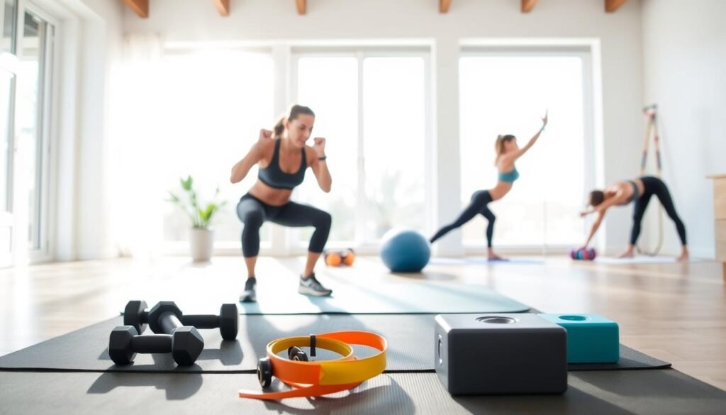 A bright, airy home gym setting with natural lighting streaming in from large windows. In the foreground, an exercise mat with a mix of home workout equipment - dumbbells, resistance bands, a stability ball, and a yoga block. The middle ground features a person doing a squat with correct form, demonstrating a beginner-friendly bodyweight exercise. The background showcases other simple yet effective home workout options like push-ups, lunges, and planks. The overall scene conveys an approachable, welcoming atmosphere for those new to at-home fitness.