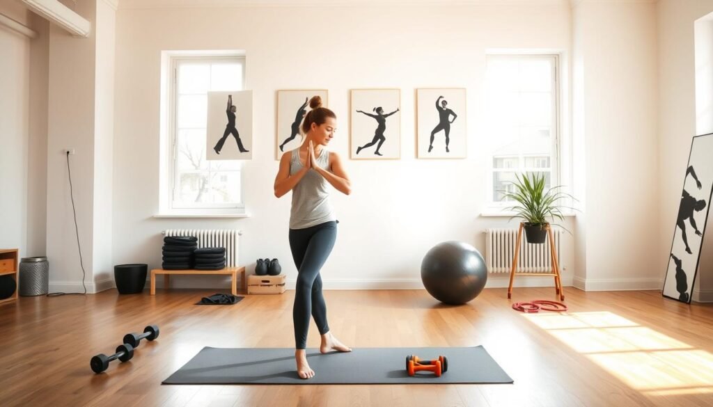 A bright, airy home gym with natural lighting flowing through large windows. In the foreground, a young woman performs beginner-level exercises on a yoga mat, her movements graceful and focused. Surrounding her, an array of simple workout equipment - dumbbells, resistance bands, a stability ball. In the middle ground, a set of motivational posters hang on the walls, displaying silhouettes of people in various fitness poses. The background features an uncluttered, minimalist space, with clean white walls and hardwood floors, creating a sense of calm and serenity. The overall atmosphere is one of approachability and encouragement, inviting the viewer to embark on their own home fitness journey.