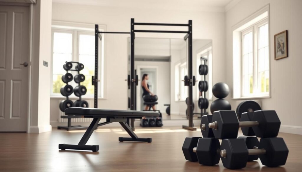 A bright, minimalist home gym with essential equipment neatly arranged in a welcoming space. In the foreground, a sleek, modern weight bench and a set of adjustable dumbbells. In the middle ground, a sturdy power rack with integrated pull-up bar casts a strong, functional presence. The background features clean, whitewashed walls, accented by a full-length mirror that reflects the scene. Soft, natural lighting filters in through large windows, creating a warm, inviting atmosphere. The overall composition conveys a sense of efficiency, practicality, and a dedication to total-body fitness within the comfort of one's own home.