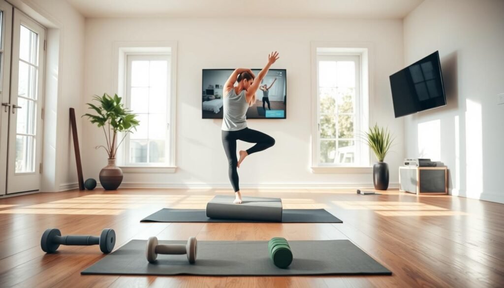 A bright, sun-drenched home gym with a sleek, minimalist design. Wooden floors, white walls, and large windows that let in natural light. In the foreground, a yoga mat with an assortment of light dumbbells, resistance bands, and a foam roller. In the middle, a person performing a series of dynamic stretches and bodyweight exercises, their movements captured in a fluid, graceful motion. The background features a wall-mounted TV displaying a guided workout video, creating a sense of structure and guidance. The overall atmosphere is one of calm, focus, and determination, inspiring the viewer to embark on their own home fitness journey.