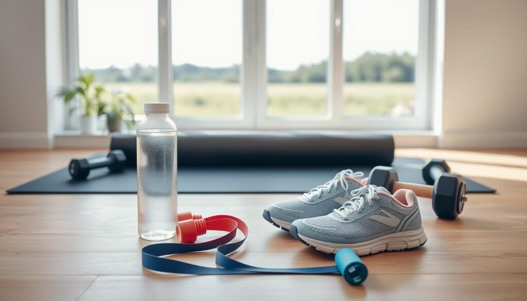 A bright, well-lit, high-resolution photograph of a simple, minimalist fitness gear setup in a clean, modern home environment. In the foreground, a pair of lightweight running shoes, a water bottle, and a resistance band are neatly arranged on a wooden surface. In the middle ground, a yoga mat is rolled out, and a pair of dumbbells rest nearby. The background features a large window overlooking a serene outdoor scene, allowing natural light to flood the space. The overall composition conveys a sense of organization, practicality, and a welcoming atmosphere for a beginner embarking on their fitness journey.