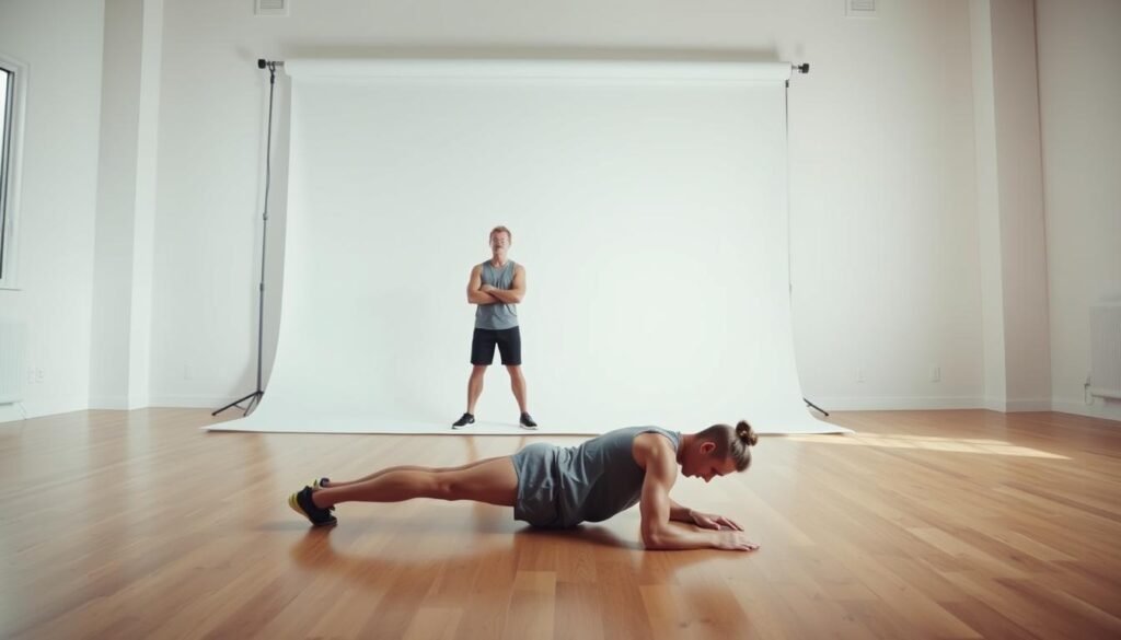A brightly-lit, clean studio setting with wooden floors and a white backdrop. In the foreground, a fit, athletic person demonstrates a beginner bodyweight exercise like a push-up or squat, showing proper form and technique. The middle ground features a second person observing and learning, creating an instructional atmosphere. The background is minimalist, allowing the focus to remain on the exercise demonstration. Soft, directional lighting illuminates the scene, creating defined shadows that highlight the movement. The overall mood is inviting, educational, and approachable, reflecting the "beginner-friendly" nature of the subject matter.