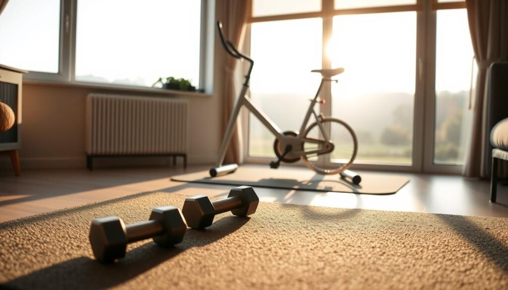 A cozy and inviting home fitness setup, with a plush exercise mat in the foreground and a pair of dumbbells placed neatly beside it. In the middle ground, a sleek and minimalist exercise bike stands ready, its metallic frame gleaming under warm, natural lighting. In the background, a large window overlooks a serene outdoor scene, allowing ample sunlight to flood the space and create a sense of openness and tranquility. The overall atmosphere is one of simplicity, functionality, and a commitment to personal well-being, perfectly capturing the essence of a beginner's home workout experience.