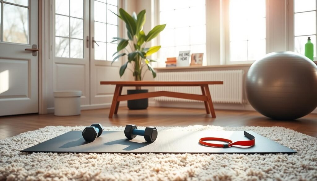 A cozy and inviting home workout space, bathed in warm natural light from large windows. In the foreground, a sleek exercise mat sits atop a plush area rug, with a pair of dumbbells and a resistance band neatly arranged. In the middle ground, a minimalist wooden bench and a sturdy exercise ball provide options for strength training and core exercises. The background features a vibrant indoor plant, adding a touch of greenery, and shelves displaying motivational fitness books and a water bottle. The overall atmosphere is one of simplicity, functionality, and a sense of mindful wellness, perfect for an effective home exercise routine.