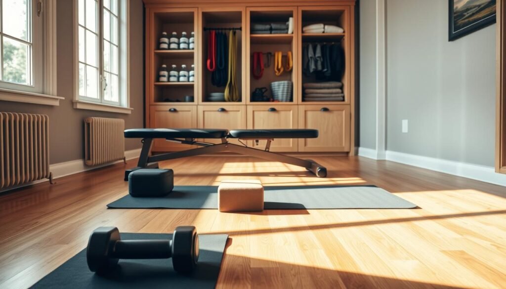 A cozy and well-equipped home workout space, bathed in warm, natural lighting from a large window. In the foreground, a sleek exercise mat adorns the hardwood floor, surrounded by a pair of dumbbells and a yoga block. In the middle ground, a sturdy, adjustable weight bench sits adjacent to a resistance band rack. The background features built-in shelving stocked with water bottles, towels, and a few motivational fitness accessories. The overall atmosphere is one of efficiency, functionality, and a sense of dedicated, purposeful exercise.