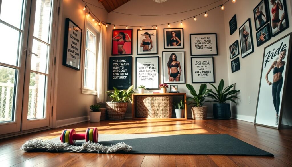 A cozy and well-lit home workout space, filled with motivational cues. In the foreground, a plush yoga mat and a set of colorful dumbbells rest on a wooden floor. Overhead, a string of fairy lights casts a warm, inviting glow. Framed inspirational quotes and photos of fitness models adorn the walls, creating a personalized, encouraging ambiance. Sunlight streams in through large windows, illuminating the space and infusing it with a sense of energy and positivity. The mood is one of determination and self-empowerment, where the viewer is inspired to embrace their fitness journey and conquer their goals.