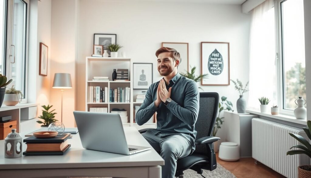 A cozy and well-organized office space with natural lighting filtering through large windows. In the foreground, a relaxed employee sitting on a comfortable ergonomic chair, hands clasped in a contemplative pose. On the desk, a sleek laptop, a potted plant, and a selection of soothing desk accessories like a desktop zen garden and a small water fountain. The middle ground features a bookshelf filled with various self-help and mindfulness books, along with framed inspirational artwork on the walls. The background showcases a minimalist, Scandinavian-inspired decor, with a soft color palette and gentle ambient lighting creating a sense of calm and tranquility.