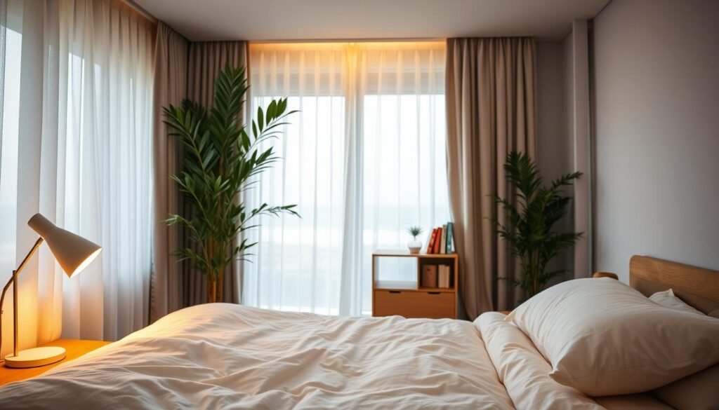 A cozy bedroom with warm lighting, soft fabrics, and natural elements. In the foreground, a well-made bed with plush bedding and a fluffy pillow. On the nightstand, a minimalist desk lamp casts a gentle glow. In the middle ground, a tall potted plant and a small, uncluttered bookshelf. The background features a large window with sheer curtains, allowing natural light to filter in, creating a serene and calming atmosphere. The overall scene conveys a sense of relaxation and sleep optimization, with a focus on creating a comfortable, sleep-conducive environment.
