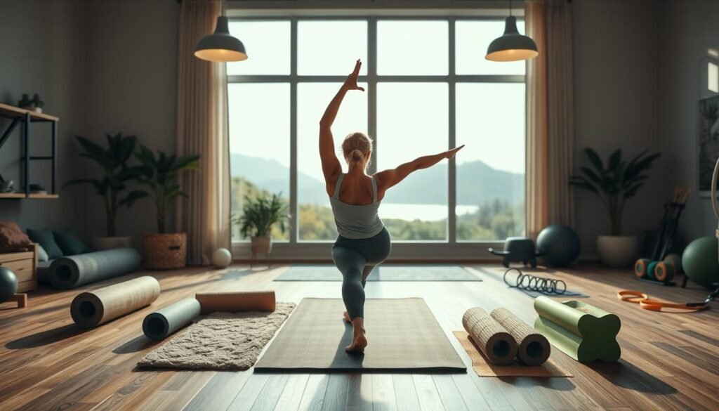 A cozy home gym filled with natural light, showcasing a woman performing a graceful butterfly stretch on a plush yoga mat. The middle ground features various recovery tools like foam rollers, massage balls, and resistance bands neatly arranged. In the background, large windows overlook a tranquil outdoor scene, creating a serene and rejuvenating atmosphere. Soft, diffused lighting from overhead fixtures casts a warm glow, enhancing the sense of relaxation and restoration. The overall composition conveys a balanced approach to fitness, emphasizing the importance of flexibility and recovery alongside strength training.