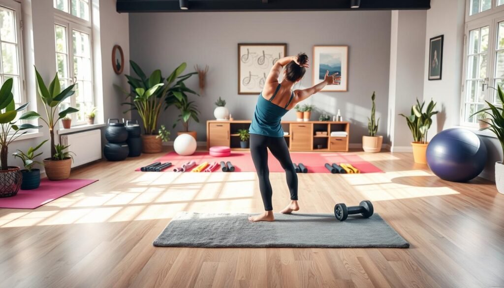 A cozy home gym filled with vibrant fitness equipment, natural lighting streaming through large windows, and a peaceful atmosphere that radiates a sense of wellness. In the foreground, a person performing dynamic stretches on a plush yoga mat, their movements fluid and graceful. In the middle ground, a set of resistance bands, free weights, and a stability ball, arranged in an organized and inviting manner. The background showcases lush indoor plants, calming artwork, and minimalist decor, creating a harmonious and tranquil environment that inspires a holistic approach to home-based fitness.