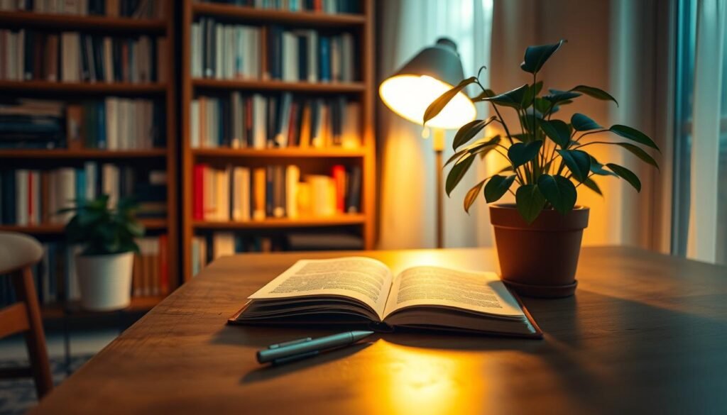 A cozy home office with a wooden desk, a journal and pen resting on it, and a houseplant nearby. Warm, soft lighting illuminates the scene, creating a serene and introspective atmosphere. In the background, a bookshelf filled with books suggests a love of learning and self-reflection. The journal's pages are open, inviting the viewer to imagine the transformative power of journaling on mental well-being. The composition is balanced, with the journal as the focal point, emphasizing its importance in the narrative.
