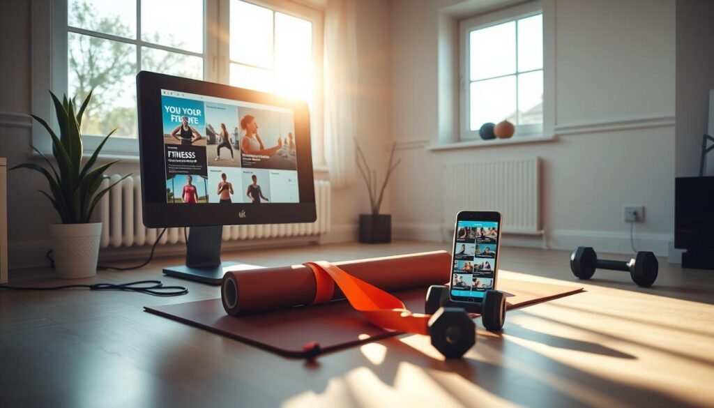 A cozy home workout setup with a desktop computer, tablet, and smartphone displaying various online fitness resources. Sunlight streams through large windows, illuminating a minimalist space with a yoga mat, resistance bands, and a set of dumbbells. Soft, warm lighting creates a relaxing atmosphere, encouraging a serene and focused workout experience. The arrangement is clean, inviting, and full of possibilities for an effective at-home fitness routine.