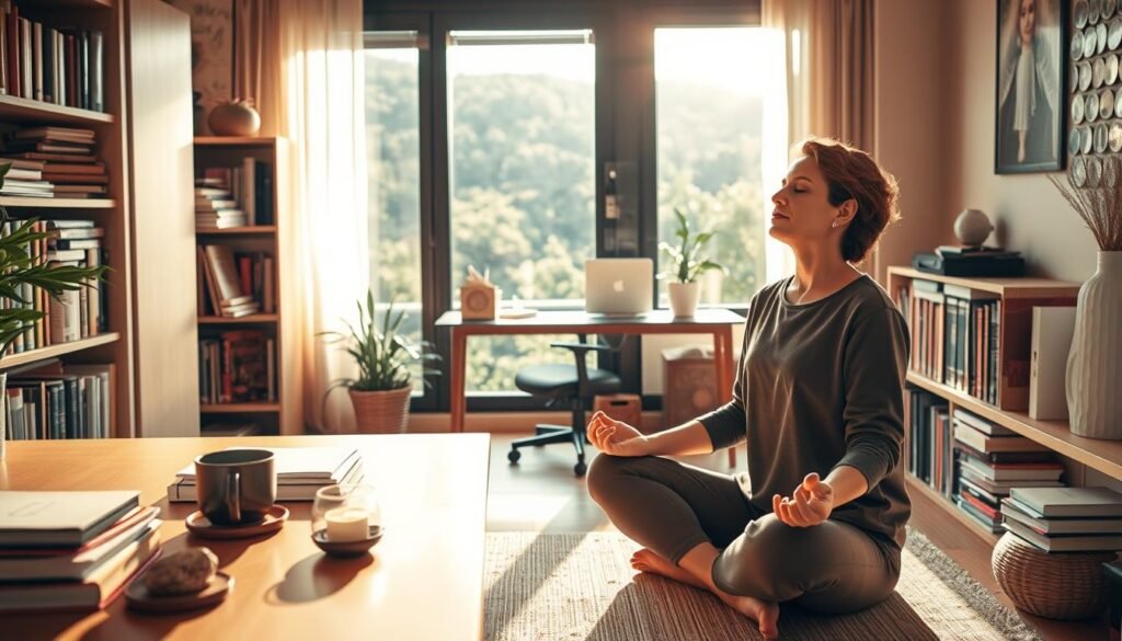 A cozy office nook, bathed in warm, natural lighting. In the foreground, a person sits cross-legged on the floor, eyes closed in deep meditation, their expression serene and focused. On the desk nearby, a cup of tea and a few mindfulness tokens - a small crystal, a scented candle, a Zen rock garden. The middle ground reveals bookshelves filled with titles on wellness and spirituality, while the background showcases a large window overlooking a lush, verdant landscape, creating a sense of tranquility and connection with nature. The overall mood is one of calm, rejuvenation, and the integration of mindfulness practices into the workday.