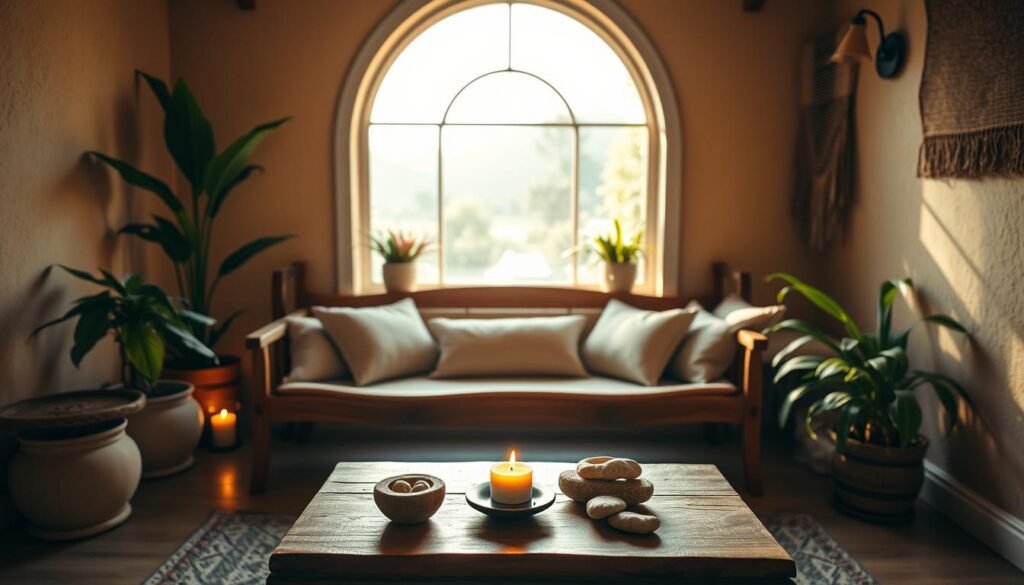 A cozy, sun-drenched meditation nook with an elegant wooden bench, plush cushions, and potted plants. Soft ambient lighting casts a warm glow, creating a serene, introspective atmosphere. In the foreground, a small wooden table holds a lit candle, a bowl of river stones, and a simple incense holder, evoking a sense of mindful ritual. The middle ground features a large, arched window framing a tranquil outdoor scene, blending the interior and exterior spaces. The background showcases earthy tones and natural textures, such as exposed wooden beams and a woven wall hanging, further enhancing the calming, organic vibe.