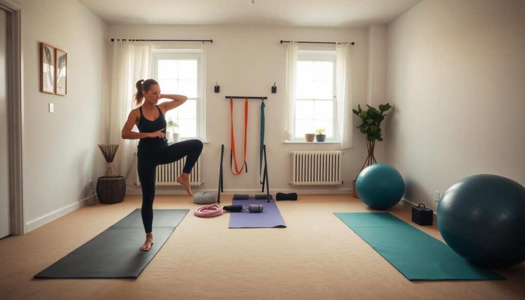 A cozy, well-lit home gym setting. In the foreground, a person performs a dynamic warm-up routine, including gentle leg kicks, arm circles, and neck rolls. The middle ground showcases a variety of simple exercise equipment, such as yoga mats, resistance bands, and a stability ball. The background features neutral-toned walls, natural lighting filtering through windows, and a sense of tranquility and ease. The overall atmosphere is inviting, motivating, and conducive to a successful at-home fitness session.