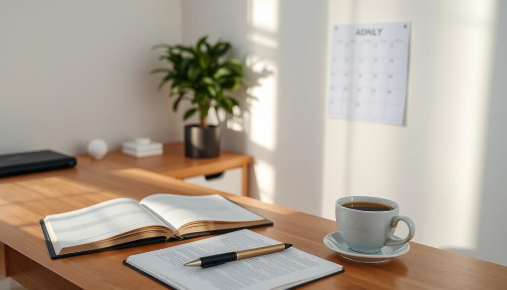 A cozy, well-lit home office with a wooden desk, a potted plant, and a minimalist calendar on the wall. In the foreground, an open journal, a pen, and a cup of tea sit on the desk, hinting at a daily meditation practice. The lighting is soft and natural, creating a serene atmosphere. The calendar on the wall displays the days of the week, suggesting a consistent schedule. The entire scene conveys a sense of mindfulness and intentionality, capturing the essence of "Creating a Consistent Schedule" for a daily meditation habit.