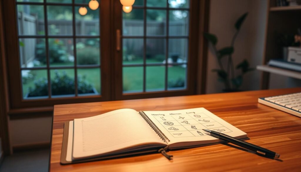 A cozy, well-lit home office with a wooden desk and a large window overlooking a tranquil garden. On the desk, an open notebook and a pen sit next to a tidy schedule of daily meditation sessions - morning, afternoon, and evening. Soft, warm lighting illuminates the space, creating a serene and focused atmosphere. The schedule features simple icons and minimal text, highlighting the structure and consistency of the meditation practice. The overall scene conveys a sense of mindfulness, balance, and a commitment to self-care.