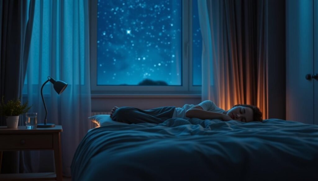 A dimly lit bedroom with soothing hues of blue and gray. In the foreground, a person lying on a cozy bed, eyes closed, indicating a peaceful sleep. The middle ground features a nightstand with a glass of water and a small plant, symbolizing natural elements that promote sleep. In the background, a large window reveals a starry night sky, conveying a sense of tranquility. Soft, warm lighting highlights the serene atmosphere, with subtle shadows adding depth. The scene evokes a calming, restful environment that encourages healthy sleep cycles.