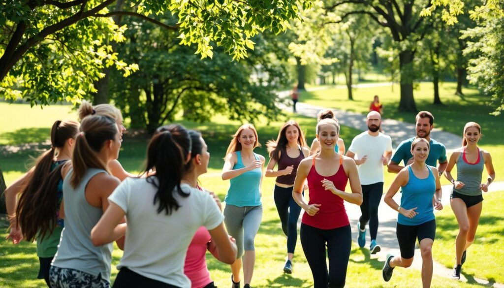 A diverse group of people gathered in a sun-dappled park, engaging in various fitness activities together. In the foreground, a group of friends encourage each other through a high-intensity workout, their expressions filled with determination and camaraderie. In the middle ground, a yoga class flows through gentle poses, their serene faces reflecting the calming energy of the scene. In the background, a jogging trail winds through lush greenery, with individuals and pairs running at their own pace, supporting one another. The overall mood is one of community, positivity, and a shared commitment to a healthier lifestyle.
