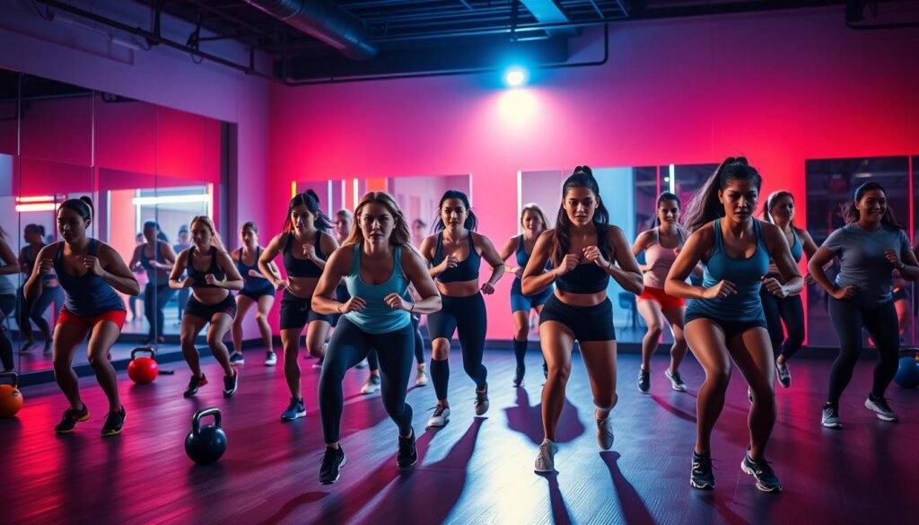 A dynamic fitness studio bathed in vibrant light, with a group of determined individuals engaged in a high-intensity interval training (HIIT) session. The foreground features a diverse array of athletes, their expressions focused and bodies in motion, performing a variety of intense exercises such as burpees, mountain climbers, and squat jumps. The middle ground showcases sleek, modern equipment like kettlebells, resistance bands, and medicine balls, while the background reveals a minimalist yet energetic space with mirrored walls and a striking color palette of blues and oranges. The lighting is bold and dramatic, casting dynamic shadows and highlighting the participants' dedication and effort. The overall atmosphere conveys an exhilarating, fast-paced experience that embodies the essence of HIIT.