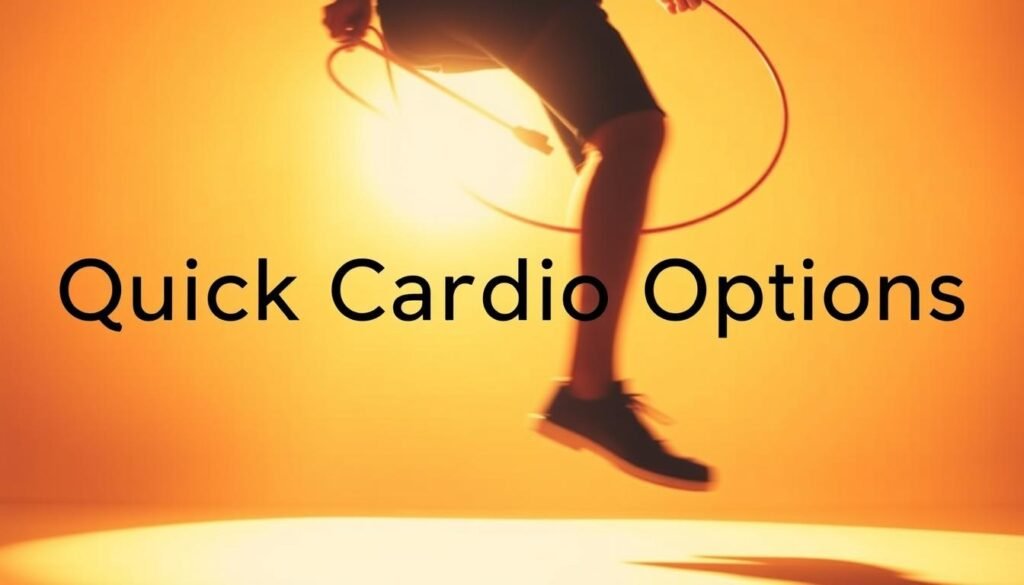 A dynamic scene of a person energetically jumping rope against a brightly lit background. The figure is illuminated by warm, natural lighting, casting dynamic shadows. The jump rope is in motion, its movement captured in a blur of speed. The background is a simple, clean space, allowing the main subject to take center stage. The overall composition conveys a sense of vibrant, cardiovascular activity - an engaging visual representation of the "Quick Cardio Options" section.