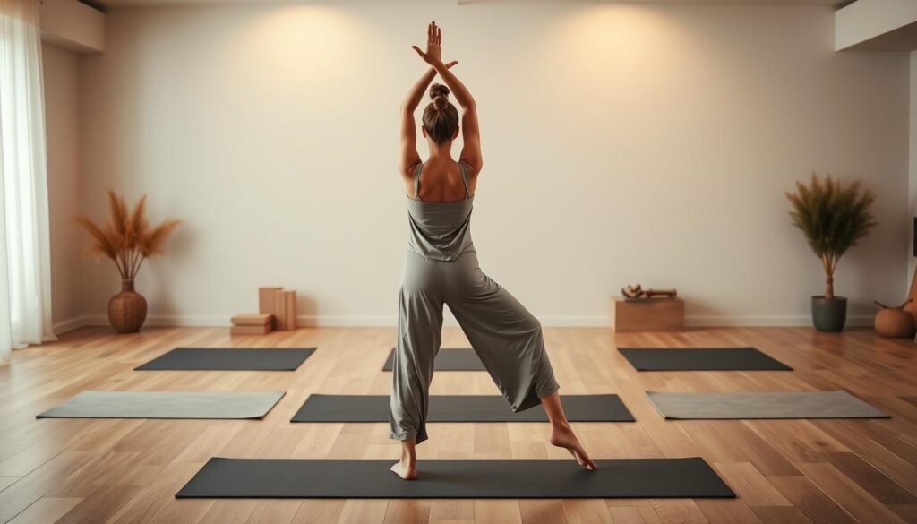A gentle, serene stretching routine unfolds in a warm, softly lit studio. In the foreground, a graceful figure in loose, flowing activewear strikes a series of calming poses - feet shoulder-width apart, arms extended overhead, body perfectly aligned. The middle ground reveals a harmonious arrangement of yoga mats, blocks, and straps, subtly inviting the viewer to join in. The background features muted, earthy tones and soothing natural elements, creating a sense of tranquility and mindfulness. Soft, diffused lighting envelops the scene, evoking a peaceful, meditative ambiance.
