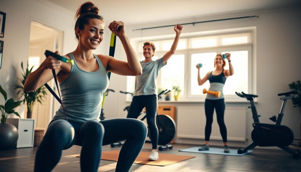 A group of happy, fit individuals performing various new-to-fitness exercises in a bright, airy home gym setting. The foreground shows a person doing squats with resistance bands, while in the middle ground, another person is stretching on a yoga mat. In the background, a person is using a stationary bike, and another is lifting light dumbbells. The lighting is warm and natural, creating a welcoming and motivating atmosphere. The overall scene conveys the physical, mental, and social benefits of starting a fitness journey, inspiring the viewer to embark on their own wellness adventure.