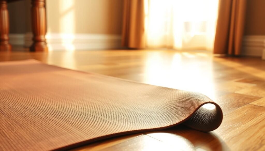 A high-quality yoga mat resting on a hardwood floor, bathed in warm, diffused natural lighting from a nearby window. The mat's surface has a subtle textured pattern, its rich earth-toned color contrasting beautifully with the gleaming wood. In the foreground, the mat's edges are slightly curled, hinting at its cushioned, comfortable feel. The image has a peaceful, serene atmosphere, conveying the mat's essential role in grounding and centering the user during floor-based exercises.