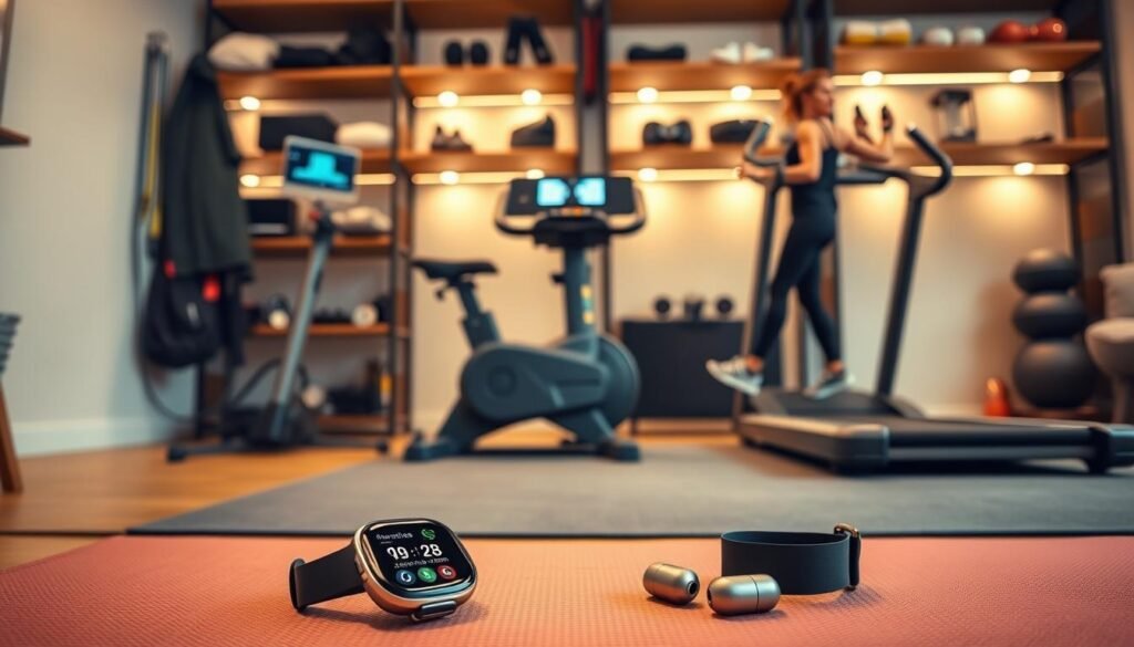 A modern home gym setup with various tech-enabled fitness equipment and accessories. In the foreground, a sleek smartwatch and wireless earbuds rest on a yoga mat, ready for an immersive workout experience. In the middle ground, a stationary exercise bike and a compact treadmill are positioned, their displays showcasing interactive fitness apps and real-time biometric data. In the background, shelves hold high-tech resistance bands, smart jump ropes, and other portable workout gadgets, all bathed in soft, diffused lighting that creates a warm, inviting atmosphere. The scene conveys the efficiency and convenience of technology-driven fitness routines for busy individuals.