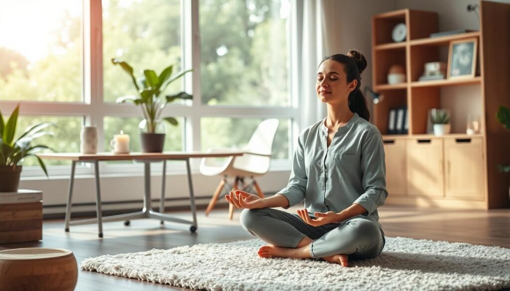 A peaceful office setting with a serene worker engaged in mindfulness practices. In the foreground, an employee sits cross-legged on a plush rug, eyes closed, hands resting gently in their lap, exuding a sense of calm. The middle ground features a minimalist desk with a potted plant, a candle, and a cup of herbal tea, creating a spa-like ambiance. The background showcases large windows letting in soft, natural light, with lush greenery visible outside, evoking a tranquil, nature-inspired atmosphere. The overall scene radiates a sense of inner peace and relaxation, reflecting the essence of the "Mindfulness and Relaxation Practices" section.