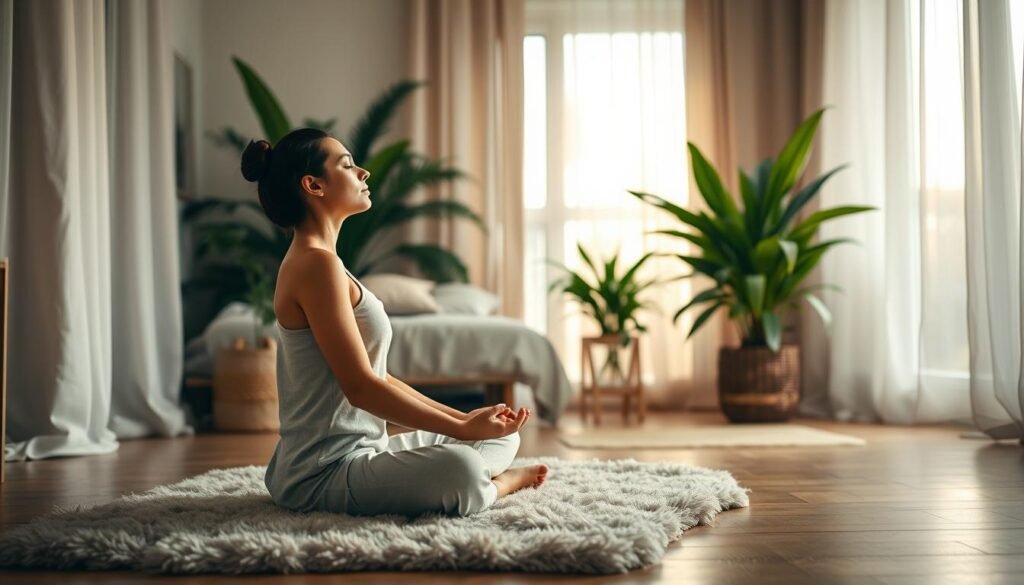 A peaceful, serene scene of a person practicing breathing and relaxation exercises in a cozy, inviting bedroom. A softly lit, intimate space with warm, natural lighting filtering through sheer curtains. In the foreground, a person sits cross-legged on a plush rug, eyes closed, hands resting gently on their lap as they focus on their breathing. Lush, verdant plants adorn the background, adding a touch of nature and tranquility. Subtle, soothing textures and muted, earthy tones create a calming, restorative atmosphere, inspiring deep rest and wellness.