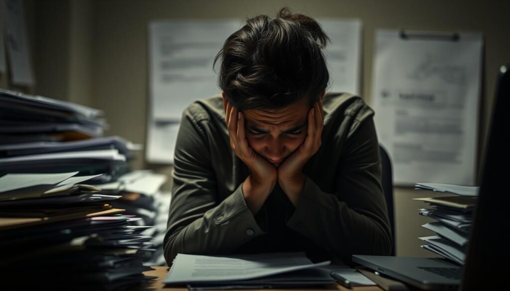 A person sitting at a desk, shoulders hunched, head in hands, eyes strained and weary. The workspace is cluttered, with piles of paperwork and an overflowing inbox. Dim lighting casts shadows across the face, highlighting the signs of exhaustion - dark circles under the eyes, a furrowed brow, and a tense, worried expression. The background is blurred, with a sense of isolation and overwhelming pressure. The scene conveys the physical and emotional toll of burnout, with a sense of isolation and the inability to cope with the demands of the work.