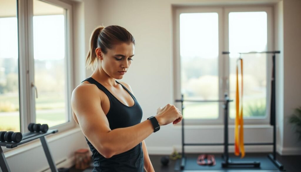 A person standing in a home gym, assessing their fitness level. Bright and airy lighting, warm tones. Foreground: Person in athletic wear, looking intently at a fitness tracker on their wrist. Midground: Minimal home gym equipment like dumbbells, exercise mat, and resistance bands. Background: Large windows overlooking a pleasant outdoor scene, creating a sense of openness and tranquility. The model's expression conveys a determined, yet thoughtful assessment of their current physical condition, as they plan their home workout routine.