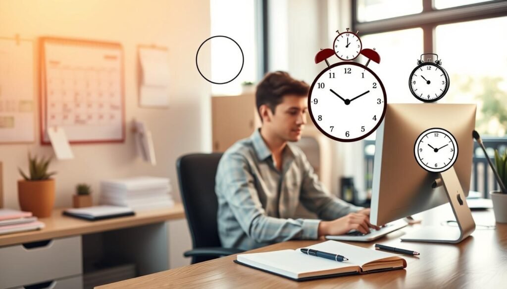 A professional office setting with a desk, computer, and other work essentials. In the foreground, a person sitting at the desk, looking focused and engaged in their work. Surrounding them, various visual elements representing time management strategies: a wall calendar, a to-do list, a timer, and a pen and notebook. The lighting is warm and natural, coming from a window in the background, creating a cozy and productive atmosphere. The overall scene conveys a sense of organization, efficiency, and effective stress management practices for busy professionals.