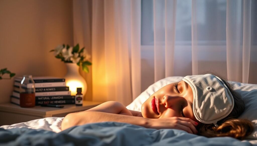 A serene bedroom bathed in soft, warm lighting. On the nightstand, a stack of books on natural sleep remedies, a diffuser gently emitting essential oils, and a sleep mask. In the foreground, a person resting peacefully, their face relaxed and breathing steady. Calming nature sounds fill the air, with a subtle breeze rustling the sheer curtains. The overall atmosphere is one of tranquility and intention, conveying techniques to improve sleep quality and alleviate sleep disorders.