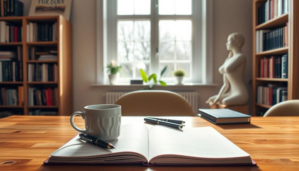 A serene home office, bathed in soft, natural light from a large window. A wooden desk holds an open journal, a few pens, and a steaming mug of tea. In the background, bookshelves line the walls, filled with volumes on mindfulness, psychology, and personal growth. The atmosphere is calm and contemplative, inviting the viewer to pause and reflect. The camera angle is slightly elevated, capturing the scene from an observational perspective, emphasizing the personal, private nature of the journaling experience. Overall, the image conveys a sense of introspection, self-care, and the power of putting pen to paper to address mental health.