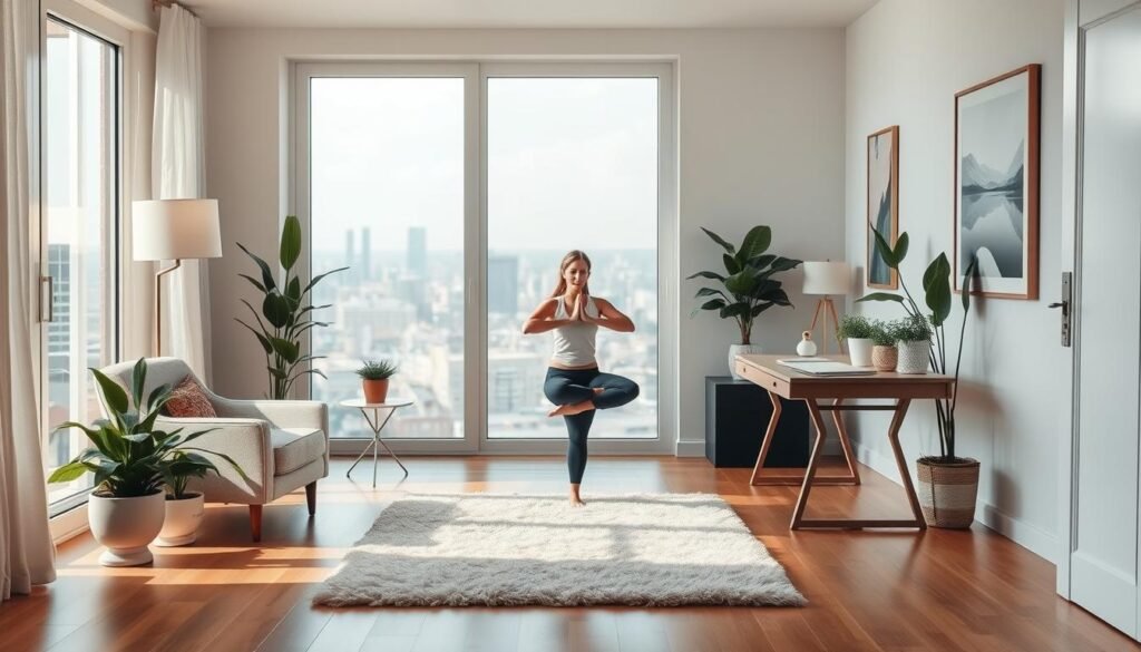 A serene home office with natural lighting, a cozy armchair, and an elegant desk adorned with potted plants and a minimalist lamp. In the middle ground, a person is practicing yoga or meditation, surrounded by elements that promote relaxation and balance, such as a plush floor rug and calming artwork on the walls. The background features a distant, blurred cityscape, suggesting a peaceful retreat from the bustling urban environment. The overall atmosphere conveys a sense of tranquility, mindfulness, and a harmonious integration of work and personal life.