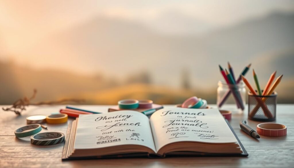 A serene, minimalist composition depicting an array of journaling styles for mental wellness. In the foreground, an open journal with elegant calligraphy and hand-drawn illustrations. In the middle ground, an assortment of colored pens, washi tapes, and other stationery items. The background features a tranquil, blurred natural landscape with soft, warm lighting, conveying a sense of calm introspection. The overall mood is one of mindfulness, creativity, and self-care.