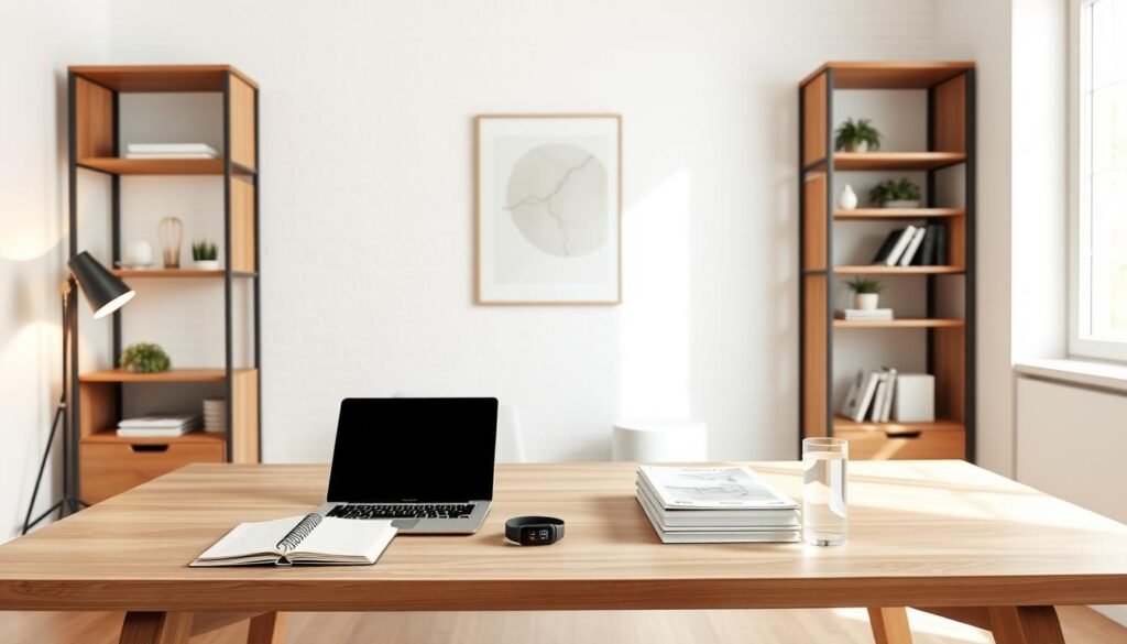 A serene, minimalist home office setting with a large desk, wooden shelves, and natural light streaming in from a window. On the desk, a laptop, a planner, and a stack of workout guides sit neatly organized. Beside them, a sleek fitness tracker and a glass of water convey a sense of balance and wellness. The background features a whitewashed wall with a single piece of abstract art, creating a calming, focused atmosphere. Warm, soft lighting from a desk lamp and the window casts a gentle glow, emphasizing the clean, uncluttered layout. The overall mood is one of productivity, discipline, and a commitment to personal growth and fitness.