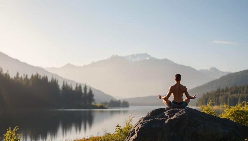 A serene, minimalist landscape with a meditating figure sitting cross-legged on a rock ledge, surrounded by lush greenery and a tranquil lake. Soft, warm lighting filters through the trees, casting a calming glow. In the background, a snow-capped mountain range rises majestically, conveying a sense of harmony and balance. The figure's posture exudes a deep, focused calm, exemplifying effective stress management techniques to overcome burnout.