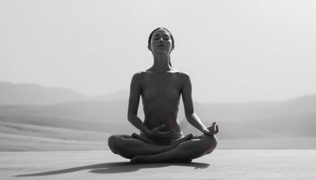 A serene scene of a person sitting in a meditative lotus position, eyes closed, with their hands resting gently on their lap. The figure is bathed in soft, diffused lighting, creating a calming, ethereal atmosphere. The background is a minimalist, monochromatic landscape, with subtle textures and gradients that evoke a sense of tranquility and focus. The overall composition is balanced and symmetrical, emphasizing the importance of the breath and the present moment in mindfulness practice.