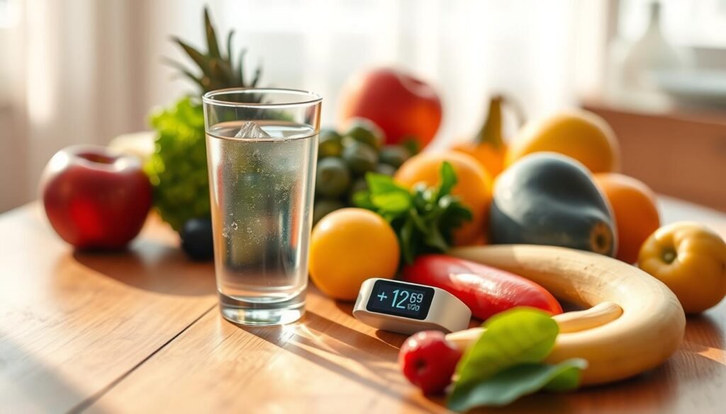 A serene still life featuring a glass of water, a hydration tracker, and a variety of fresh fruits and vegetables on a wooden table. The scene is bathed in warm, natural lighting, with a soft focus creating a dreamy, inviting atmosphere. The arrangement emphasizes the importance of daily hydration for overall wellness, with the hydration tracker and produce symbolizing the different ways to stay hydrated throughout the day. The composition is visually balanced, with the glass of water as the focal point, surrounded by complementary elements that convey a sense of harmony and well-being.