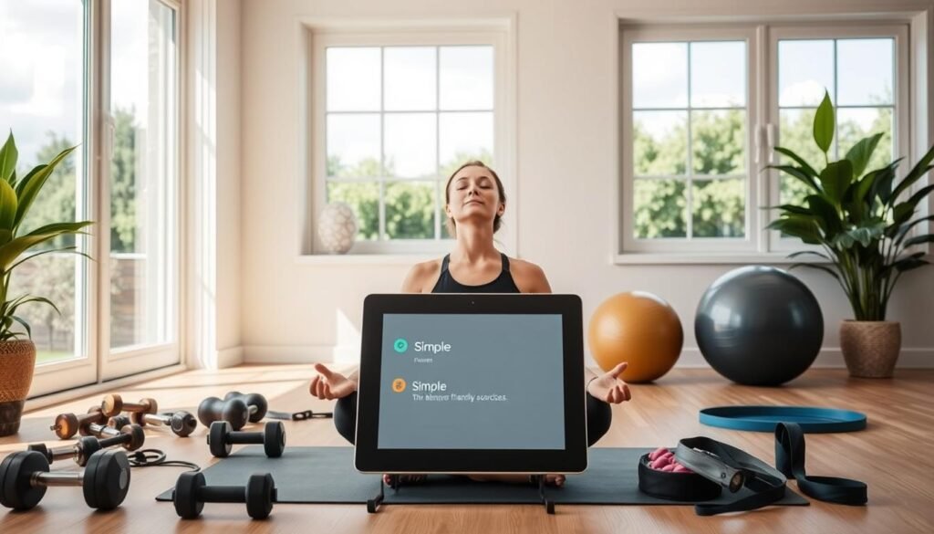 A serene, well-lit home gym with natural light filtering through large windows. In the foreground, a person in comfortable workout attire sits cross-legged on a yoga mat, eyes closed, deeply focused on their breathing. Surrounding them, various fitness equipment like dumbbells, resistance bands, and a stability ball are neatly arranged, suggesting a minimalist and calming ambiance. The middle ground features a sleek, modern smart display providing simple, easy-to-follow instructions for beginner-friendly exercises. In the background, lush greenery and a cloudless sky create a soothing, nature-inspired atmosphere, inviting the viewer to find tranquility in their fitness journey.