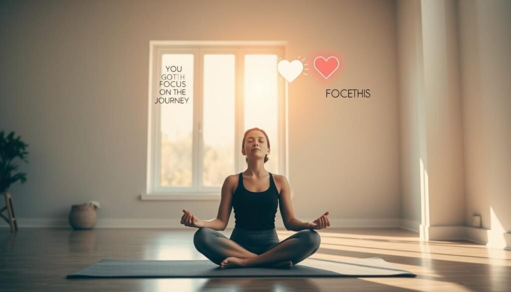 A serene, well-lit indoor setting with a calming, minimalist aesthetic. In the foreground, a person sits crossed-legged on a plush yoga mat, their eyes closed in deep meditation. Soft, natural lighting filters in from a large window, casting a warm glow on their face. Floating above them are a series of visualized motivational cues: a glowing orb representing inner strength, a pulsing heart symbol for passion, and inspirational phrases like "YOU GOT THIS" and "FOCUS ON THE JOURNEY." In the background, a simple, uncluttered room with muted tones and minimal decor, creating a tranquil, introspective atmosphere perfect for mindful fitness practices.