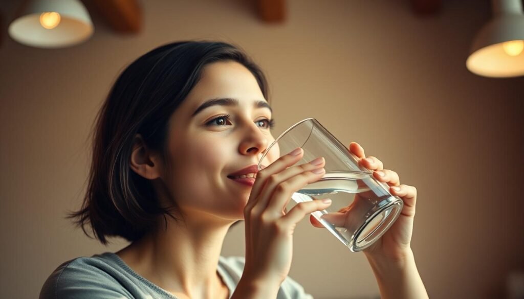 A serene, well-lit interior scene depicting a person drinking a glass of water. Soft, diffused lighting from overhead sources casts a warm glow on the subject's face as they pause to hydrate, their expression one of calm and contentment. The background features muted, natural tones, perhaps a simple table or shelf, conveying a sense of tranquility. The image should subtly convey the importance of staying hydrated to maintain good health and avoid the common symptoms of dehydration, such as fatigue, headaches, and dry skin. The focus is on the act of hydration, not overt medical or diagnostic imagery.