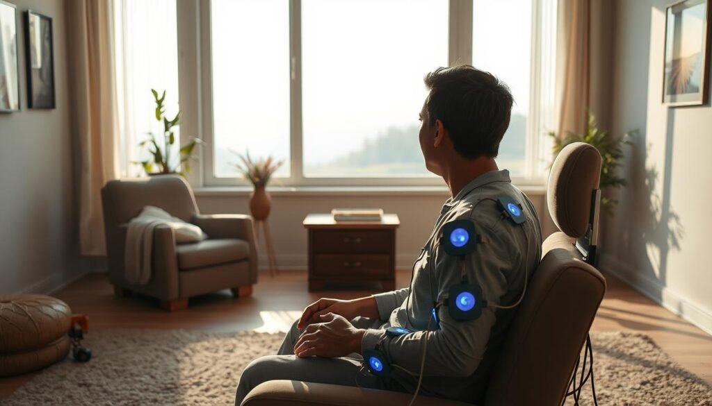 A serene, well-lit scene depicting a person undergoing biofeedback therapy for chronic pain management. The foreground shows the patient sitting comfortably, connected to various sensors that monitor their physiological signals. The middle ground features a soothing, minimalist decor with calming colors and natural textures, creating a peaceful ambiance. The background showcases a large window overlooking a tranquil outdoor landscape, infusing the room with soft, natural lighting. The entire scene conveys a sense of holistic, therapeutic approach to pain alleviation, where the individual is actively engaged in self-regulating their mind-body responses.