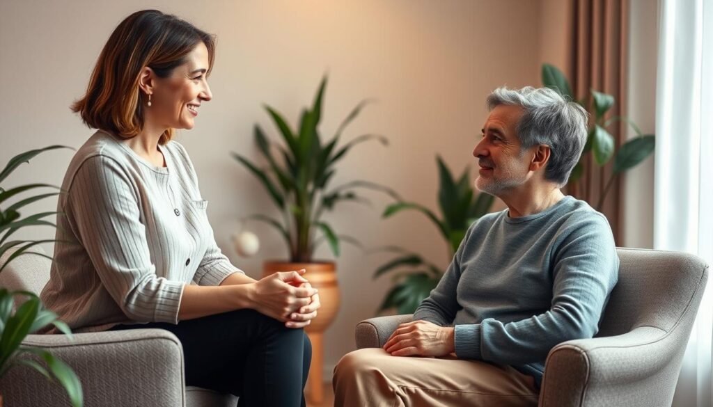 A serene, well-lit therapy room with a comfortable armchair where a person is engaged in a thoughtful discussion with a therapist. The therapist's expression is warm and attentive, guiding the patient through cognitive-behavioral techniques to manage their chronic pain. The room features calming colors, plants, and soft natural lighting, creating a tranquil, introspective atmosphere. The patient's posture and facial expression convey a sense of focus and introspection as they explore strategies to reframe their pain experience. The scene captures the collaborative, empowering nature of cognitive-behavioral therapy for pain management.