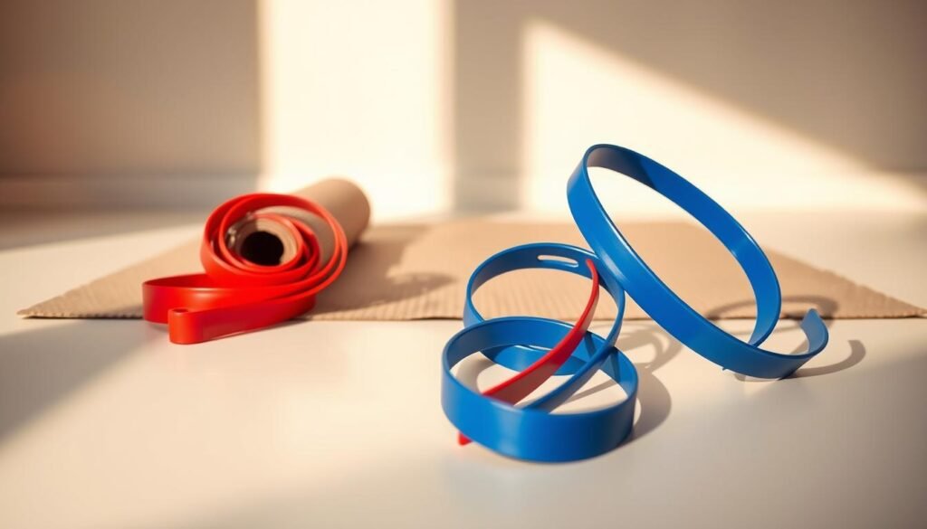 A stylish and minimalist composition of resistance bands for home workouts. In the foreground, a set of vibrant red and blue resistance bands coiled and arranged artfully on a clean, white surface. The middle ground features a neutral-toned yoga mat, hinting at the versatility of these fitness tools. Warm, natural lighting casts soft shadows, creating depth and a welcoming atmosphere. The background is a simple, slightly blurred plain wall, allowing the resistance bands to be the focal point. The overall scene conveys a sense of simplicity, functionality, and the versatility of these essential home workout accessories.