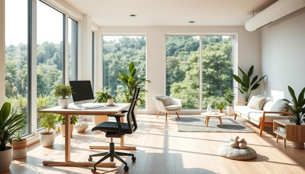 A sun-drenched office space with a minimalist, Scandinavian-inspired design. In the foreground, a standing desk with an ergonomic chair, surrounded by potted plants and natural wood accents. The middle ground features comfortable lounge seating, soft lighting, and a zen rock garden. The background showcases floor-to-ceiling windows, allowing natural light to flood the room and offering a serene view of a lush, green landscape. The overall atmosphere is calming, conducive to focus and relaxation, designed to alleviate workplace stress through thoughtful workspace design.